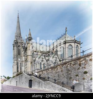 The main entrance to Cobh Cathedral, known as St Colman's Cathedral,  the tallest church in Ireland  complete with a  high, landmark spire. Stock Photo