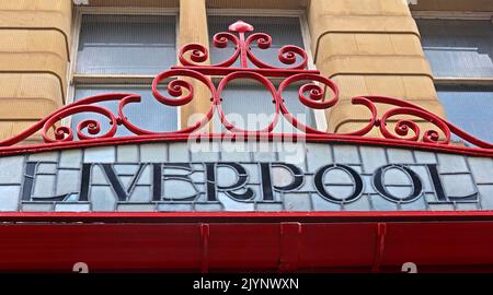 Liverpool - Art Nouveau, lettering,words showing M&LR and L&YR destination on ornate glass & iron canopy, Manchester Victoria railway station Stock Photo