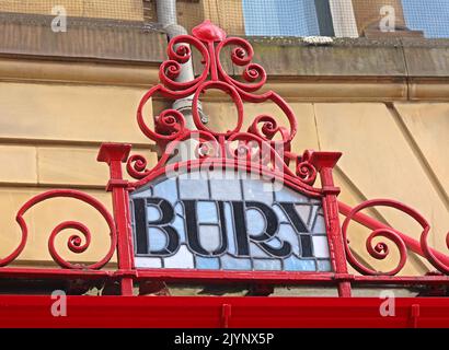 Bury - Art Nouveau, lettering,words showing M&LR and L&YR destination on ornate glass & iron canopy, Manchester Victoria railway station Stock Photo