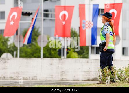 Due to the arrival of the Turkish president in Croatia, the police and a helicopter are conducting a security check, and many roads remained closed as a result in Zagreb, Croatia on September 8, 2022. Erdogan's visit to Croatia is accompanied by exceptional security measures. It has been impossible to park along the route that the Turkish president will travel for days, and the Ministry of Internal Affairs has introduced special traffic regulations for Thursday and asked citizens to be patient. Photo: Sanjin Strukic/PIXSELL Stock Photo