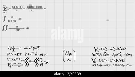 Image of handwritten maths equations moving over square ruled notebook page Stock Photo