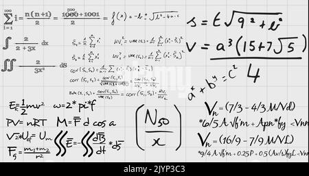 Image of handwritten maths equations moving over square ruled notebook page Stock Photo