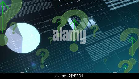 Image of green question marks flying over statistics recording on blue background Stock Photo