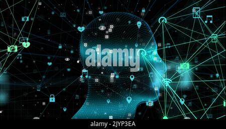 Image of human head spinning with digital interface connections networks Stock Photo