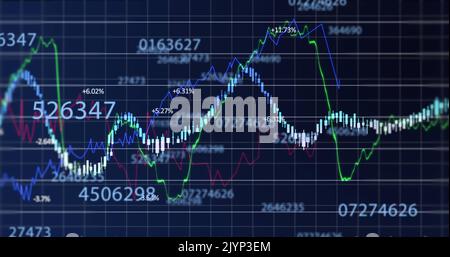 Multiple numbers changing over financial data processing against blue background Stock Photo