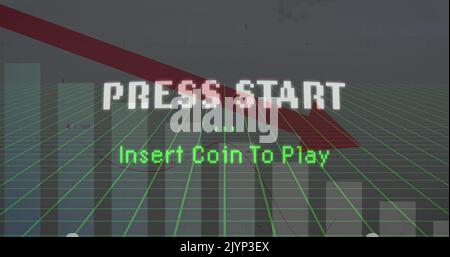 Image of press start text over graphs and statistics Stock Photo