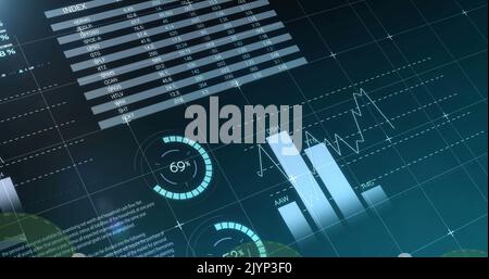 Image of green question marks flying over statistics recording on blue background Stock Photo