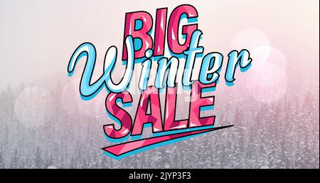 Image of big winter sale text in red and blue letters over winter landscape background Stock Photo