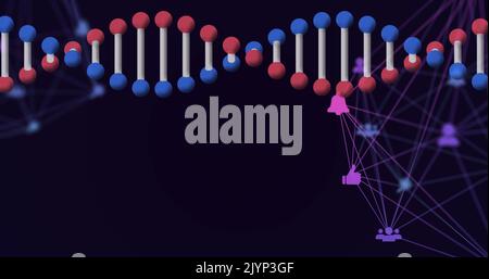 Image of rotating 3d dna strand, with network of connected icons on black Stock Photo