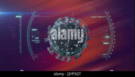 Image of circular scope scanning green covid 19 cell and data processing,on dark red Stock Photo