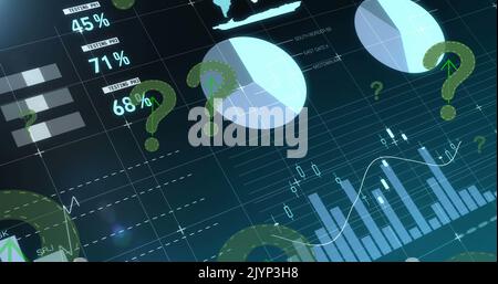 Image of green question marks flying over statistics recording on blue background Stock Photo