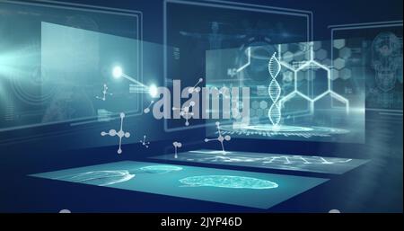 Image of molecules and data processing over digital screens Stock Photo