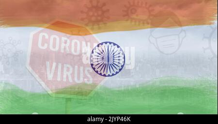 Composition of covid 19 icons and coronavirus stop sign over indian flag Stock Photo