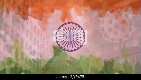 Composition of covid 19 cell and modern buildings over indian flag Stock Photo