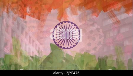 Composition of covid 19 cell and modern buildings over indian flag Stock Photo