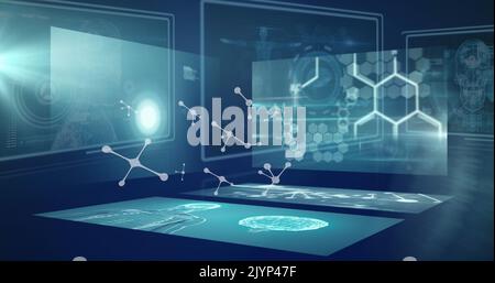 Image of molecules and data processing over digital screens Stock Photo