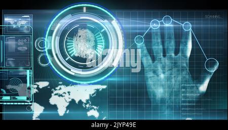 Image of scopes scanning, biometric fingerprint and medical data processing over digital screen Stock Photo