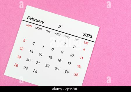 February 2023 Monthly calendar for 2023 year on wooden background Stock