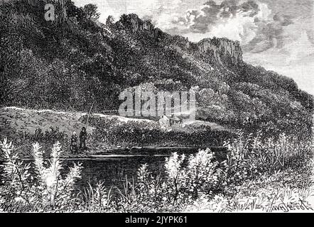 A historical view of Symond's Yat, Herefordshire, England, UK. Taken from a print c. 19th century by Paterson and Booth. Stock Photo
