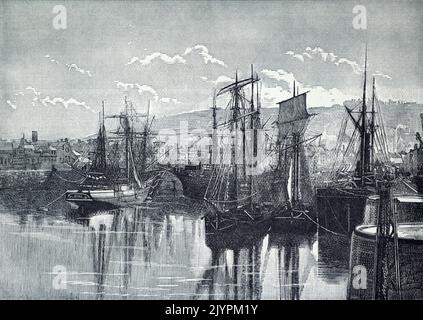 A historical view of the docks of Whitehaven, Cumberland, England, UK. Taken from a print c. 19th century. Stock Photo