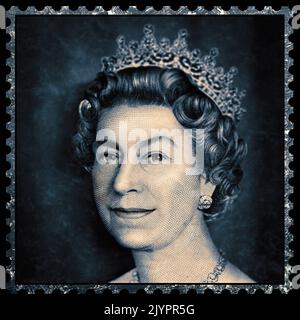 Her Majesty the Queen Elizabeth II. Illustration portrait with postage stamp style border Stock Photo