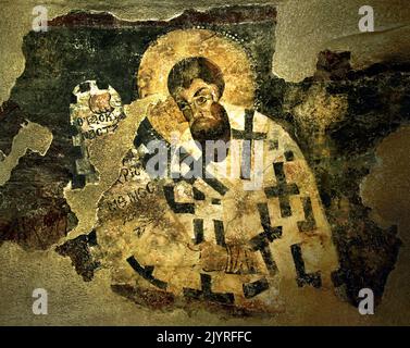 Wall painting Church, Hagios Georgios and Nikolaos in Lathrino , Naxos ,13th Century,   Byzantine and Christian Museum in Athens, ( Part of a Wall painting, Hierarchs performing the Liturgy together and Melismos Stock Photo