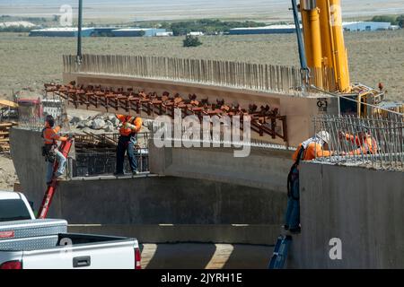 This road project near Olancha in Inyo County, CA, USA is building a brand new highway and bridge using heavy machinery. Stock Photo