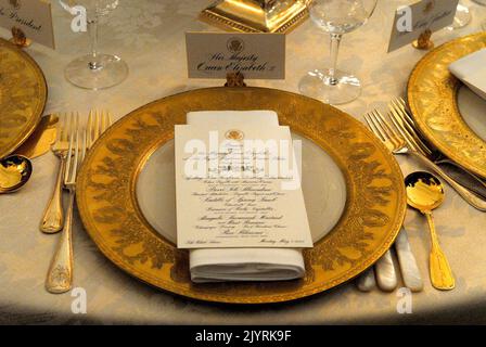 Washington, DC - May 7, 2007 -- Place setting in the State Dining Room for the State Dinner honoring Her Majesty Queen Elizabeth II and His Royal Highness The Prince Philip, Duke of Edinburgh of Great Britain in the White House in Washington, DC on Monday, May 7, 2007. Credit: Ron Sachs/CNP Stock Photo