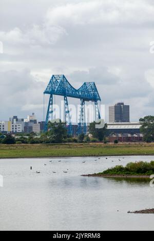 View of the Tees Transporter Bridge from RSPB Saltholme, Middlesbrough England Stock Photo