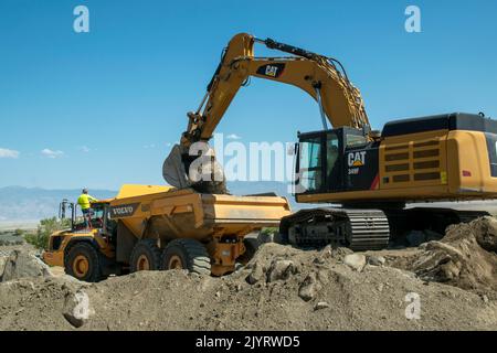 This road project near Olancha in Inyo County, CA, USA is building a brand new highway and bridge using heavy machinery. Stock Photo