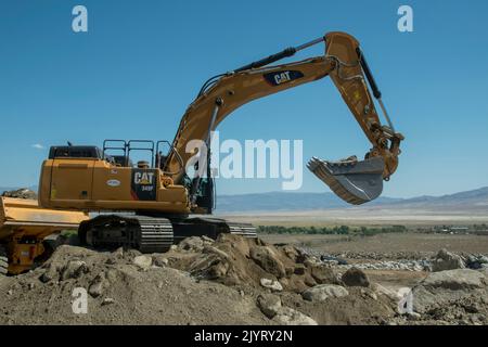 This road project near Olancha in Inyo County, CA, USA is building a brand new highway and bridge using heavy machinery. Stock Photo
