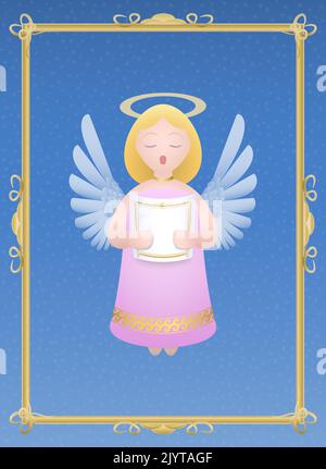 Singing christmas angel with gloriole, blond hair, pink dress, white wings and music sheet - illustration on snowfall background with golden frame. Stock Photo