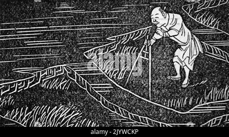 Woodcut print depicting a Chinese surveyor using an instrument to measure land levels. Dated 19th Century Stock Photo