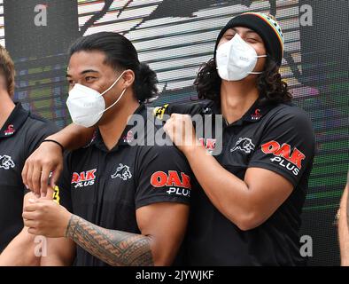 Jarome Luai (left) and Brian To'o (right) of the Blues pray together ...