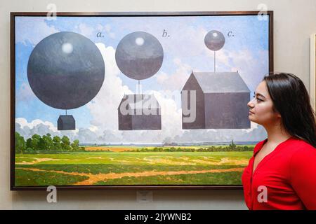 London, UK. 08th Sep, 2022. Staff pose with 'A Bruised Sky'. Paul Slater, well known British illustrator and artist, returns for his first solo show after 8 years. His new collection of never-seen-before works will be on display at London's Catto Gallery until 26th September. Credit: Imageplotter/Alamy Live News Stock Photo