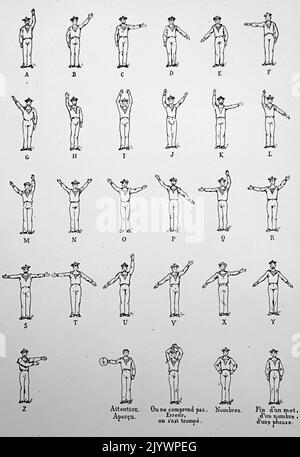 Illustration depicting French naval hand signals alphabet. Dated 19th Century Stock Photo
