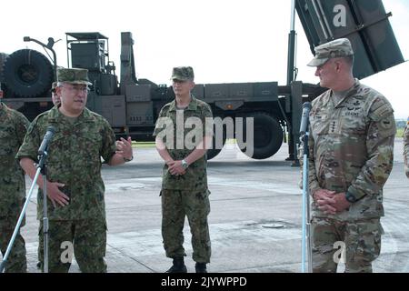 Amami, Japan. 08th Sep, 2022. Gen. Yoshihide Yoshida(L), Japan's Chief of Staff of Ground Self?Defense Force speaks during a press conference at Camp Amami in Amami Oshima Island, Kagoshima-Prefecture, Japan on Thursday, September 8, 2022. Photo by Keizo Mori/UPI Credit: UPI/Alamy Live News Stock Photo