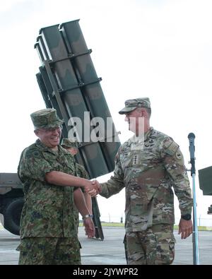 Amami, Japan. 08th Sep, 2022. Gen. Yoshihide Yoshida, Japan's Chief of Staff of Ground Self?Defense Force shakesnhands with Gen. Charles A. Flynn, U.S. Army Pacific Commanding General inspect at Camp Amami in Amami Oshima Island, Kagoshima-Prefecture, Japan on Thursday, September 8, 2022. Photo by Keizo Mori/UPI Credit: UPI/Alamy Live News Stock Photo