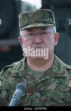 Amami, Japan. 08th Sep, 2022. Gen. Yoshihide Yoshida, Japan's Chief of Staff of Ground Self?Defense Force speaks during a press conference at Camp Amami in Amami Oshima Island, Kagoshima-Prefecture, Japan on Thursday, September 8, 2022. Photo by Keizo Mori/UPI Credit: UPI/Alamy Live News Stock Photo