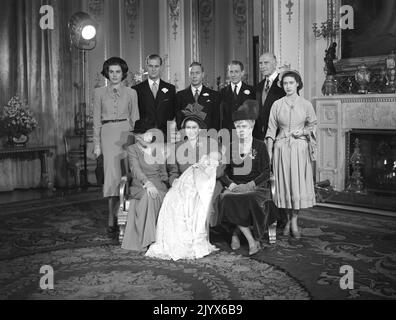 File photo 15/12/1948 of Princess Elizabeth (later Queen Elizabeth II) holding her son, Prince Charles after his christening in Buckingham Palace. With her seated to the left is Dowager Marchioness of Milford Haven, and right is the prince's great grandmother Queen Mary. Godparents standing from left to right; Lady Brabourne, The Duke of Edinburgh (standing proxy for Prince George of Greece), King George VI, David Bowes-Lyon, the Earl of Athlone (who stood proxy for the King of Norway) and Princess Margaret. The Queen died peacefully at Balmoral this afternoon, Buckingham Palace has announced. Stock Photo