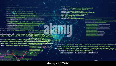 Image of digital dots interconnecting with lines forming globe against programming language Stock Photo