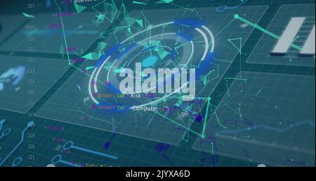 Image of digital circles, dots connected with lines and programming codes on interface screens Stock Photo