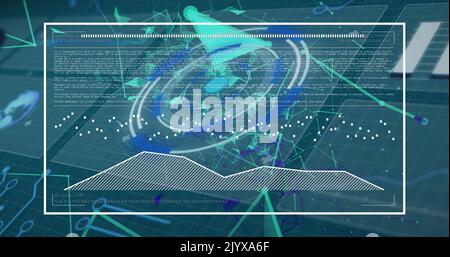 Image of digital circles, dots connected with lines and programming codes moving on screens Stock Photo