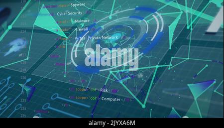 Image of digital circles, dots connected with lines and programming codes on interface screens Stock Photo