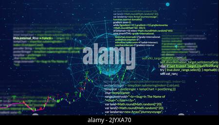 Image of digital dots interconnecting with lines forming globe against programming language Stock Photo