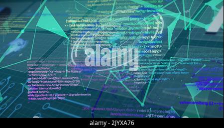 Image of digital interface screens with circle, dots connecting with lines and programming data Stock Photo