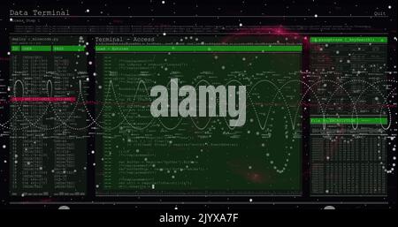 Image of digital interface screen with programming language and spiral patterns moving in loop Stock Photo