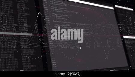 Image of digital interface screens with programming language over spiral patterns Stock Photo
