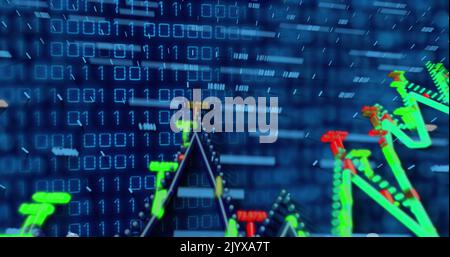 Image of graphs and binary code on navy background Stock Photo