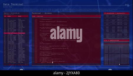 Image of digital interface screen with programming language moving in loop Stock Photo
